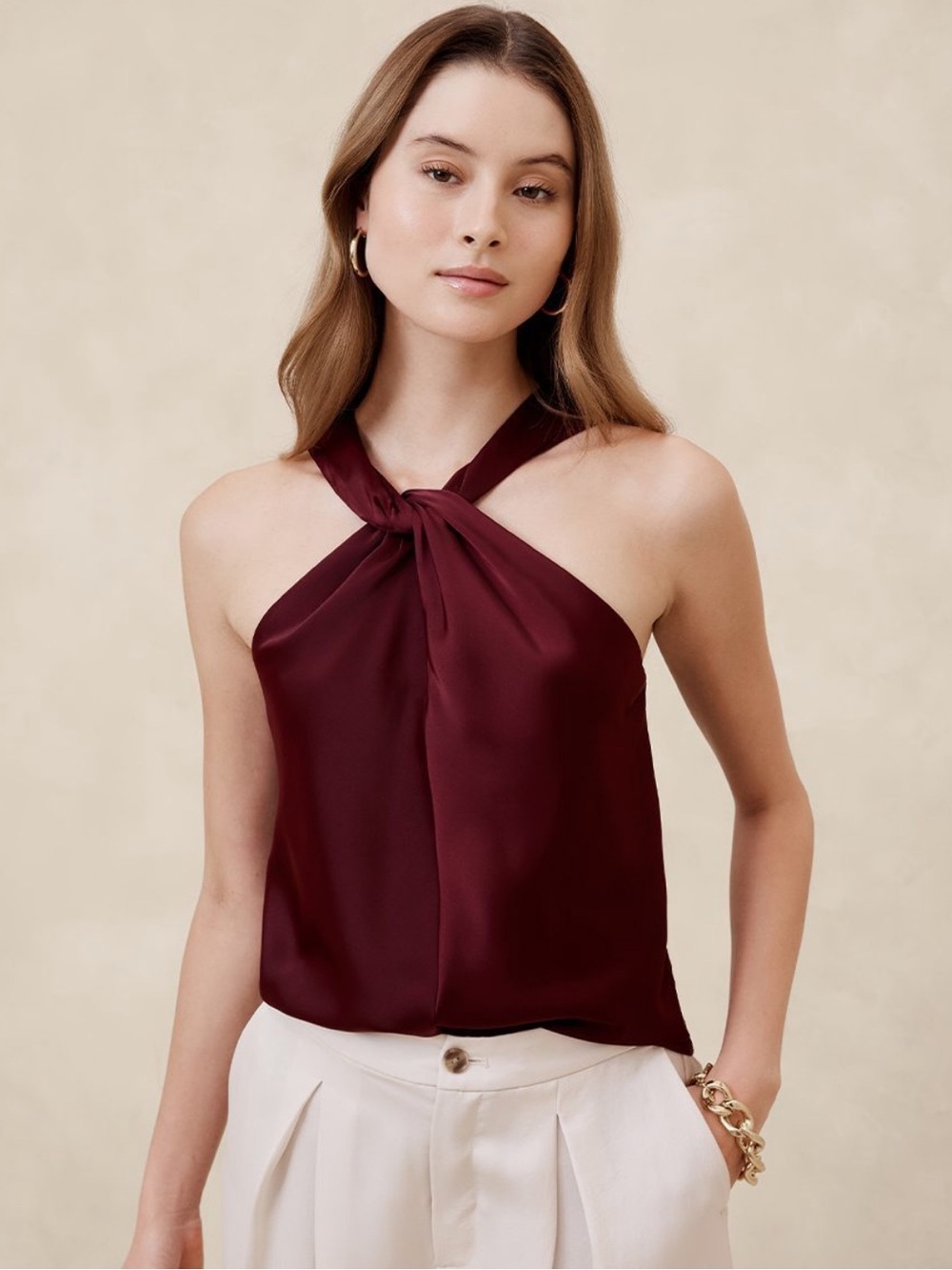 Banana Republic Burgundy Satin Twist Halter Neck Top NWT XS